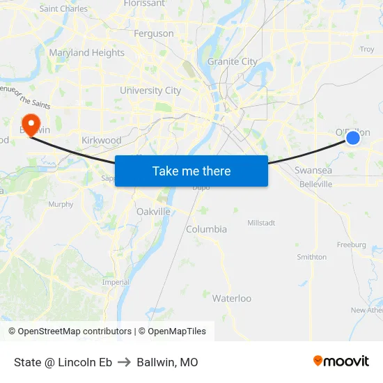 State @ Lincoln Eb to Ballwin, MO map