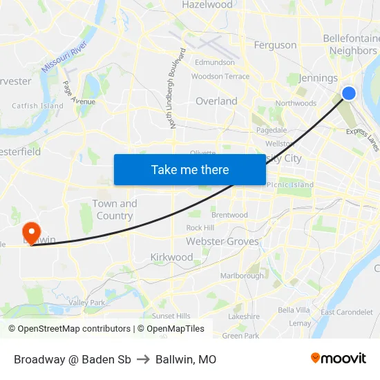 Broadway @ Baden Sb to Ballwin, MO map