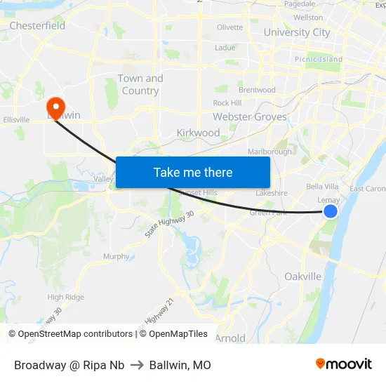 Broadway @ Ripa Nb to Ballwin, MO map