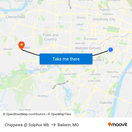 Chippewa @ Sulphur Wb to Ballwin, MO map