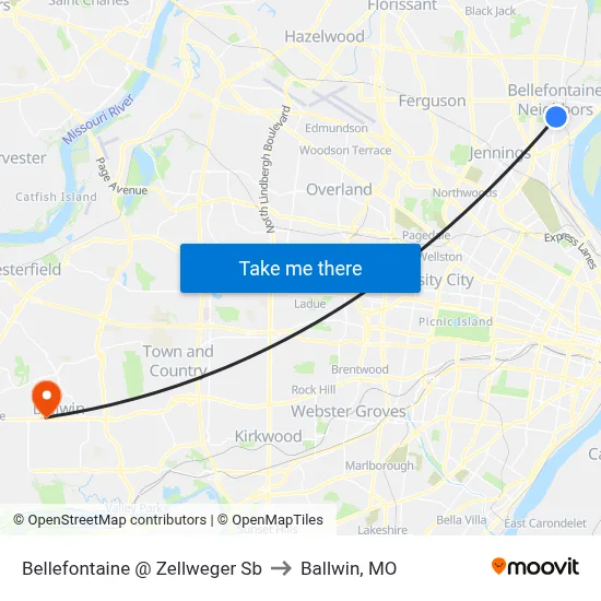 Bellefontaine @ Zellweger Sb to Ballwin, MO map