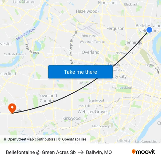 Bellefontaine @ Green Acres Sb to Ballwin, MO map