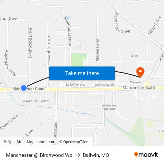 Manchester @ Birchwood Wb to Ballwin, MO map