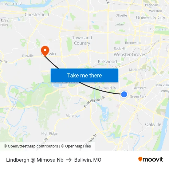 Lindbergh @ Mimosa Nb to Ballwin, MO map