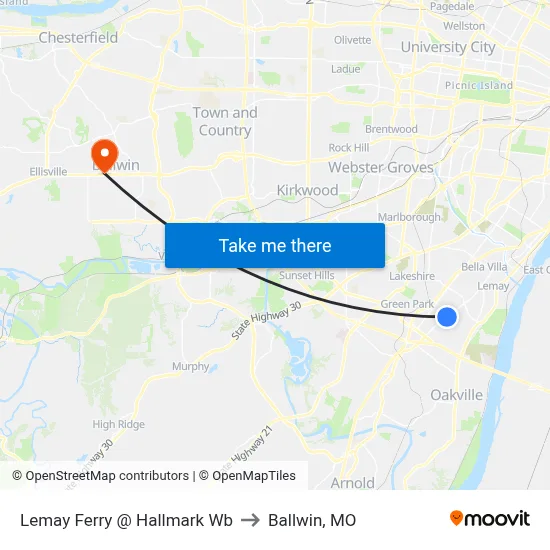 Lemay Ferry @ Hallmark Wb to Ballwin, MO map
