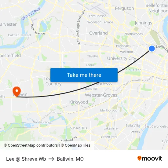 Lee @ Shreve Wb to Ballwin, MO map