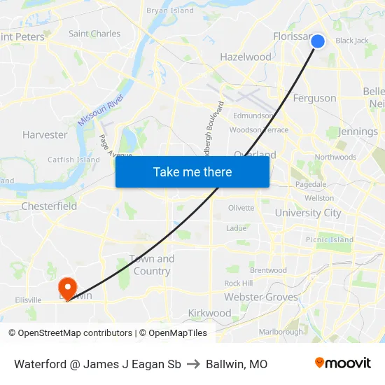 Waterford @ James J Eagan Sb to Ballwin, MO map