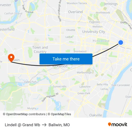 Lindell @ Grand Wb to Ballwin, MO map