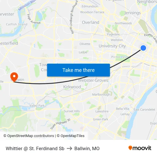 Whittier @ St. Ferdinand Sb to Ballwin, MO map