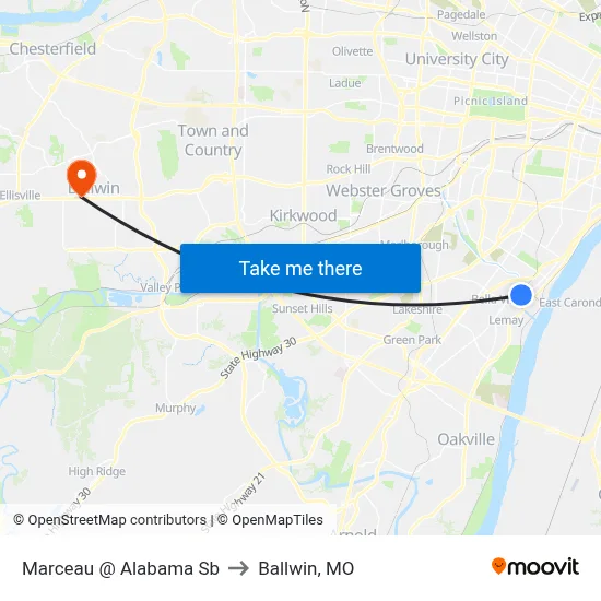 Marceau @ Alabama Sb to Ballwin, MO map