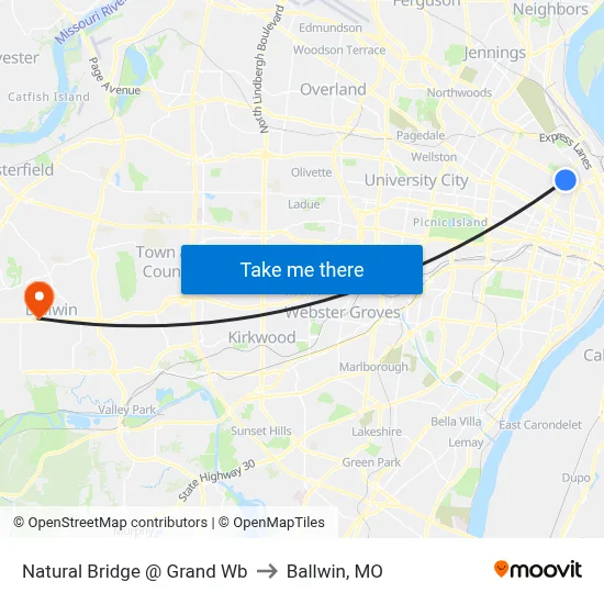 Natural Bridge @ Grand Wb to Ballwin, MO map