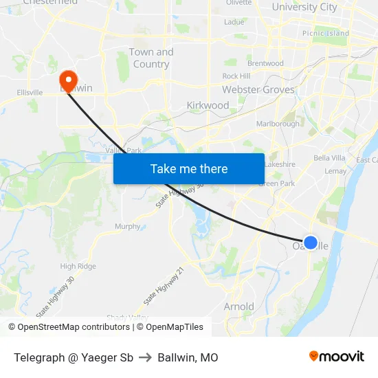 Telegraph @ Yaeger Sb to Ballwin, MO map
