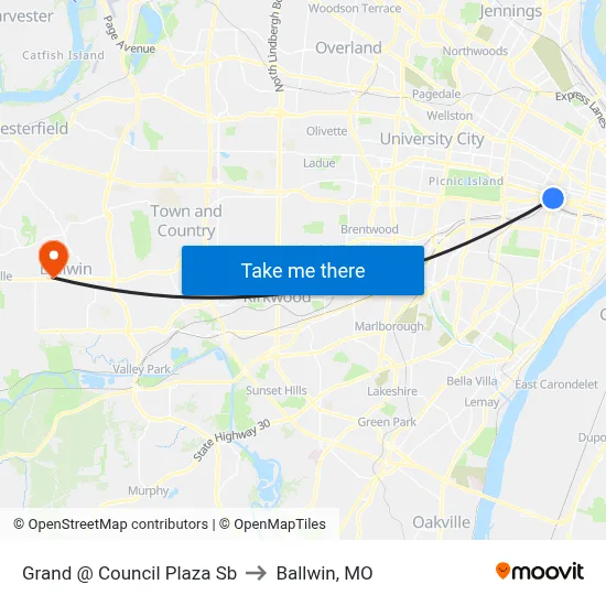 Grand @ Council Plaza Sb to Ballwin, MO map