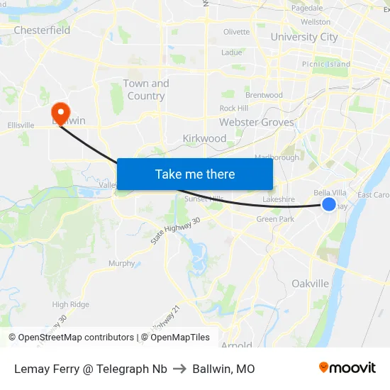 Lemay Ferry @ Telegraph Nb to Ballwin, MO map