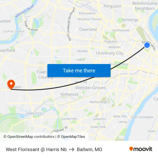 West Florissant @ Harris Nb to Ballwin, MO map