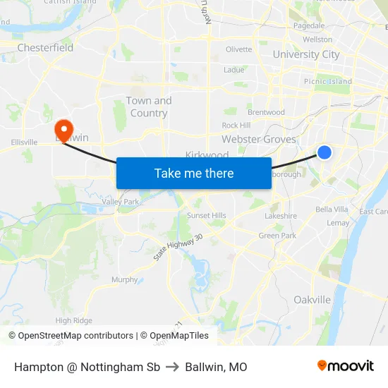 Hampton @ Nottingham Sb to Ballwin, MO map