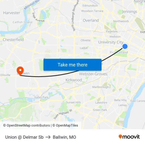 Union @ Delmar Sb to Ballwin, MO map