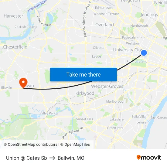 Union @ Cates Sb to Ballwin, MO map