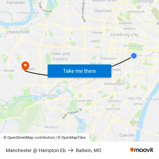 Manchester @ Hampton Eb to Ballwin, MO map