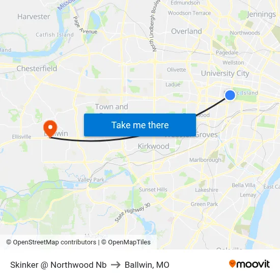 Skinker @ Northwood Nb to Ballwin, MO map