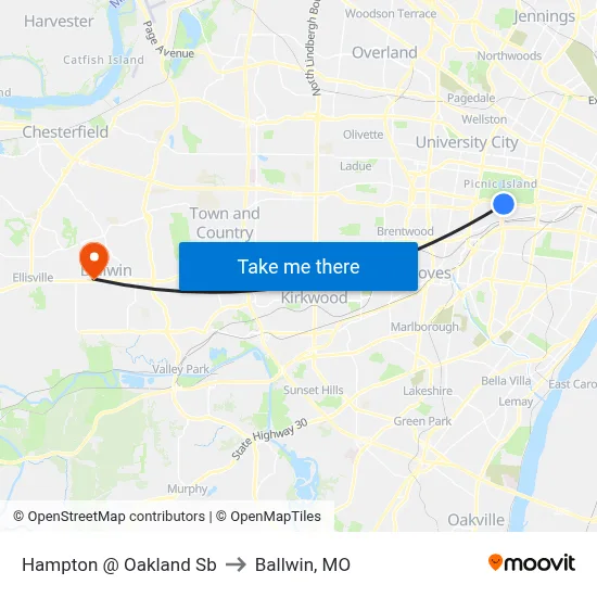 Hampton @ Oakland Sb to Ballwin, MO map