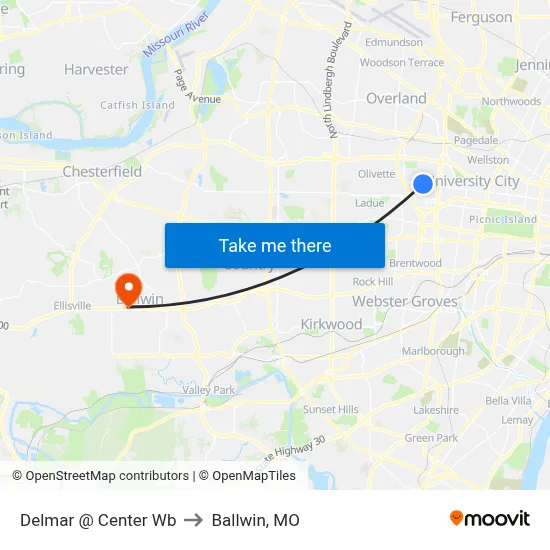 Delmar @ Center Wb to Ballwin, MO map