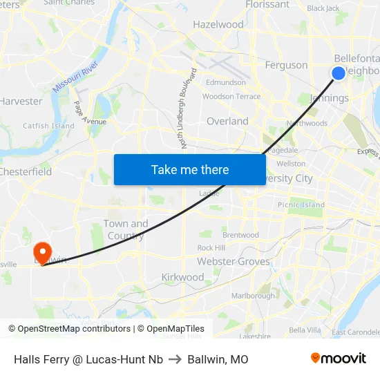 Halls Ferry @ Lucas-Hunt Nb to Ballwin, MO map
