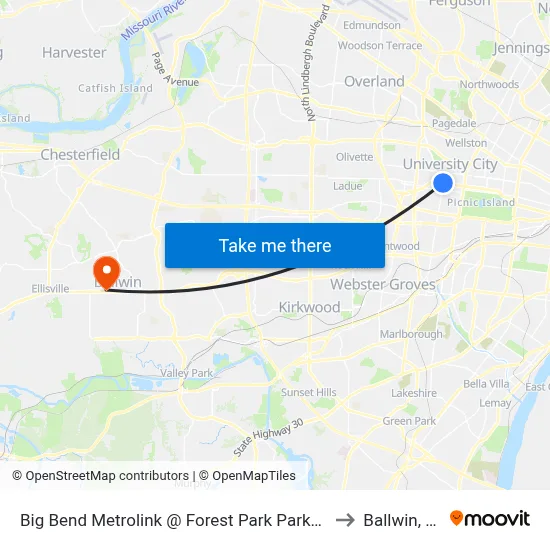 Big Bend Metrolink @ Forest Park Parkway Nb to Ballwin, MO map