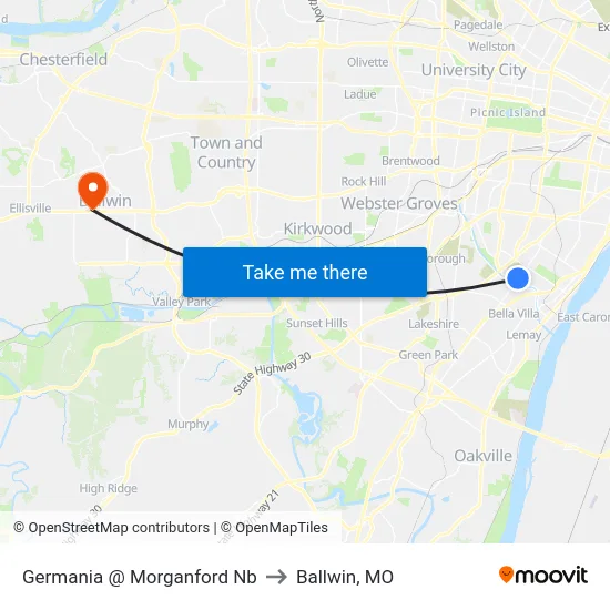 Germania @ Morganford Nb to Ballwin, MO map