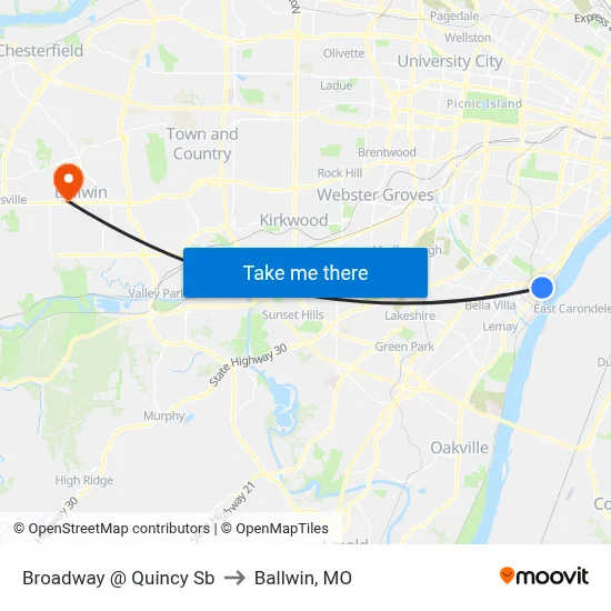 Broadway @ Quincy Sb to Ballwin, MO map
