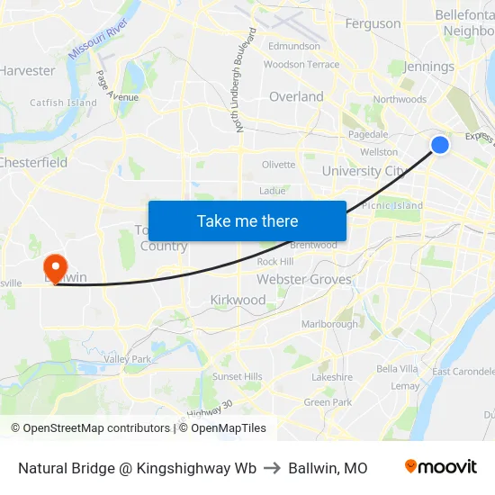 Natural Bridge @ Kingshighway Wb to Ballwin, MO map