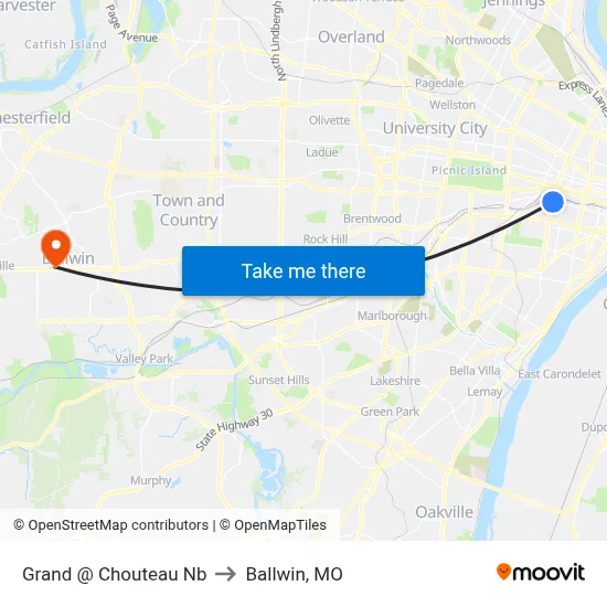 Grand @ Chouteau Nb to Ballwin, MO map