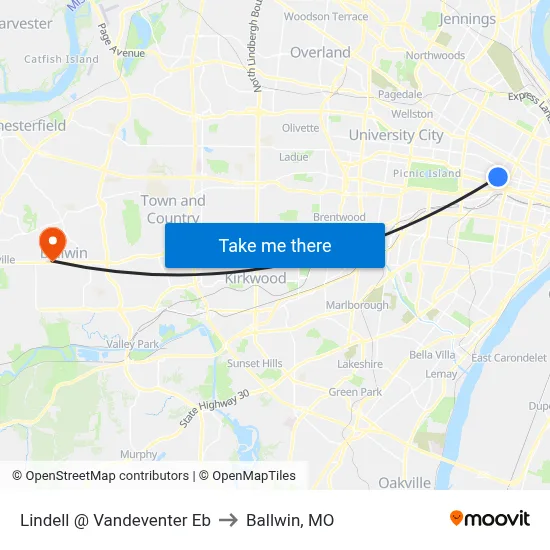 Lindell @ Vandeventer Eb to Ballwin, MO map
