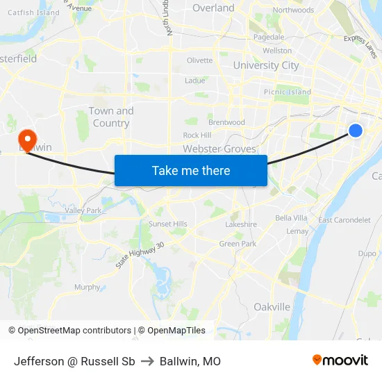 Jefferson @ Russell Sb to Ballwin, MO map