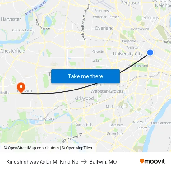 Kingshighway @ Dr Ml King Nb to Ballwin, MO map