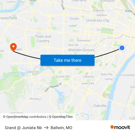 Grand @ Juniata Nb to Ballwin, MO map