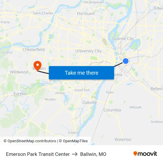 Emerson Park Transit Center to Ballwin, MO map