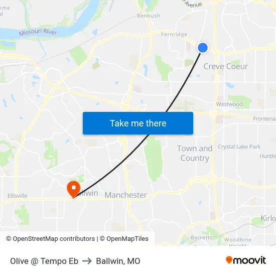 Olive @ Tempo Eb to Ballwin, MO map