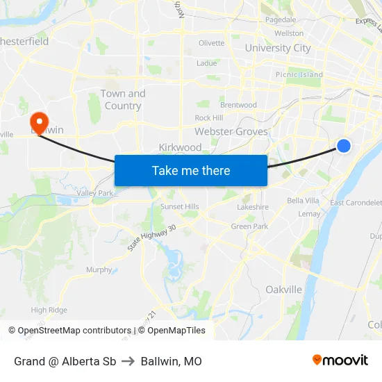Grand @ Alberta Sb to Ballwin, MO map