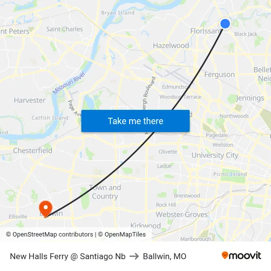 New Halls Ferry @ Santiago Nb to Ballwin, MO map