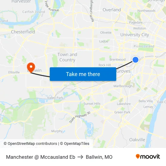 Manchester @ Mccausland Eb to Ballwin, MO map
