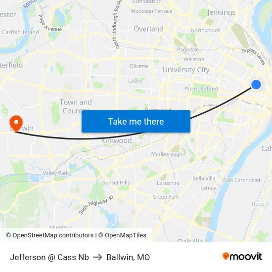 Jefferson @ Cass Nb to Ballwin, MO map