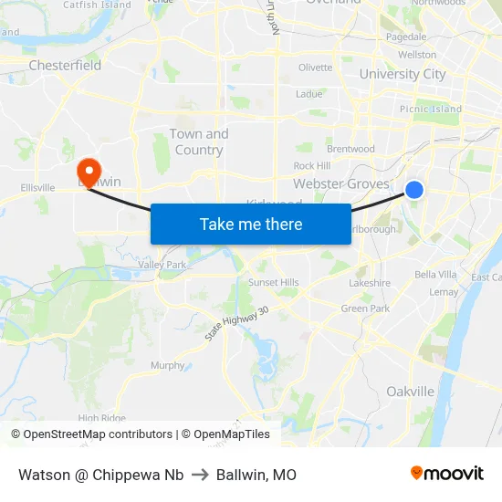Watson @ Chippewa Nb to Ballwin, MO map