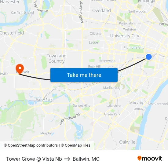 Tower Grove @ Vista Nb to Ballwin, MO map