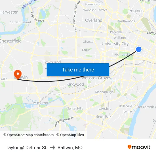 Taylor @ Delmar Sb to Ballwin, MO map