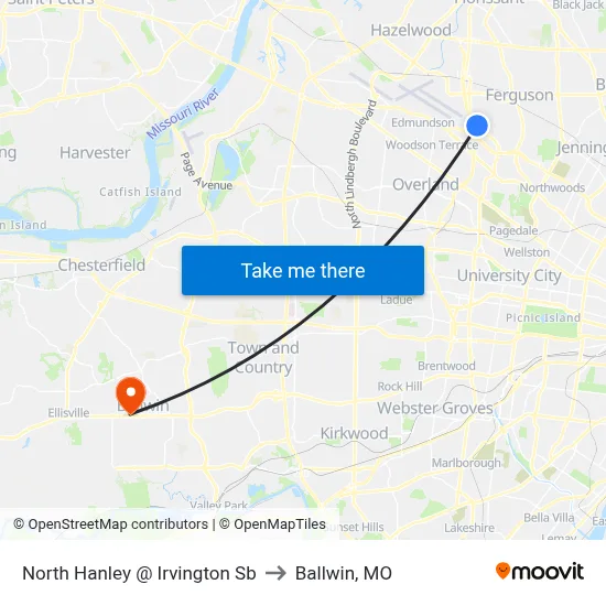 North Hanley @ Irvington Sb to Ballwin, MO map
