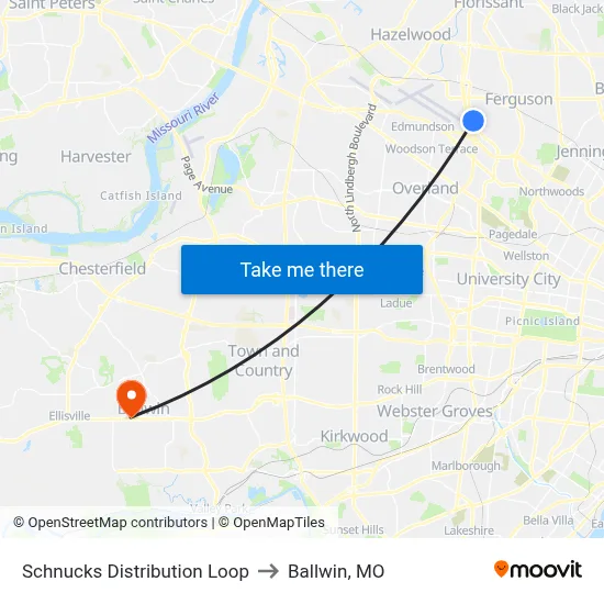 Schnucks Distribution Loop to Ballwin, MO map