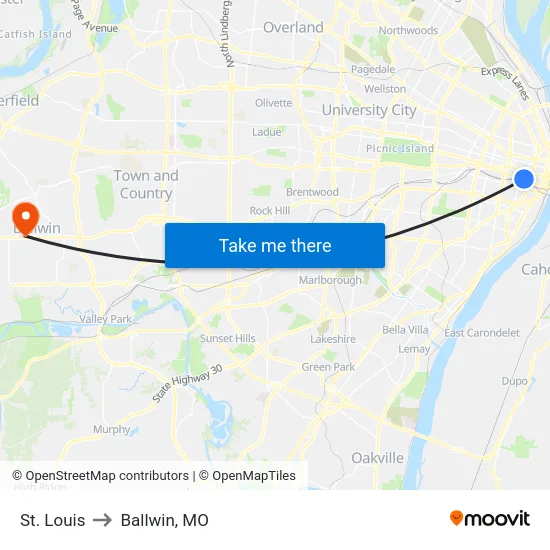 St. Louis to Ballwin, MO map