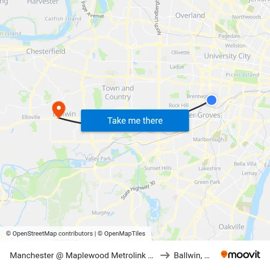 Manchester @ Maplewood Metrolink Eb to Ballwin, MO map