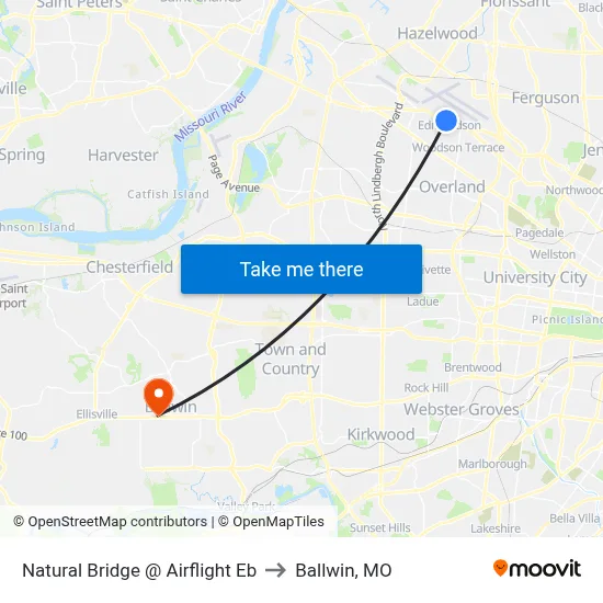 Natural Bridge @ Airflight Eb to Ballwin, MO map
